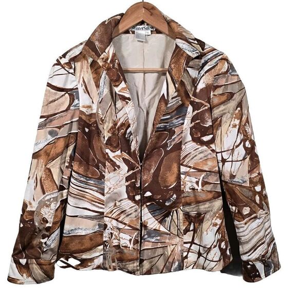 WinterSilks‎ Brown Abstract Art Print Silk Lined Stretch Cotton Blazer Jacket Sz - Picture 1 of 9